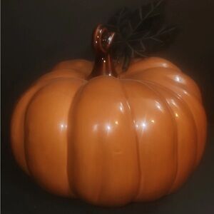 Porcelain Pumpkin Metal Leaf Stem 9” Orange Halloween Fall Decoration